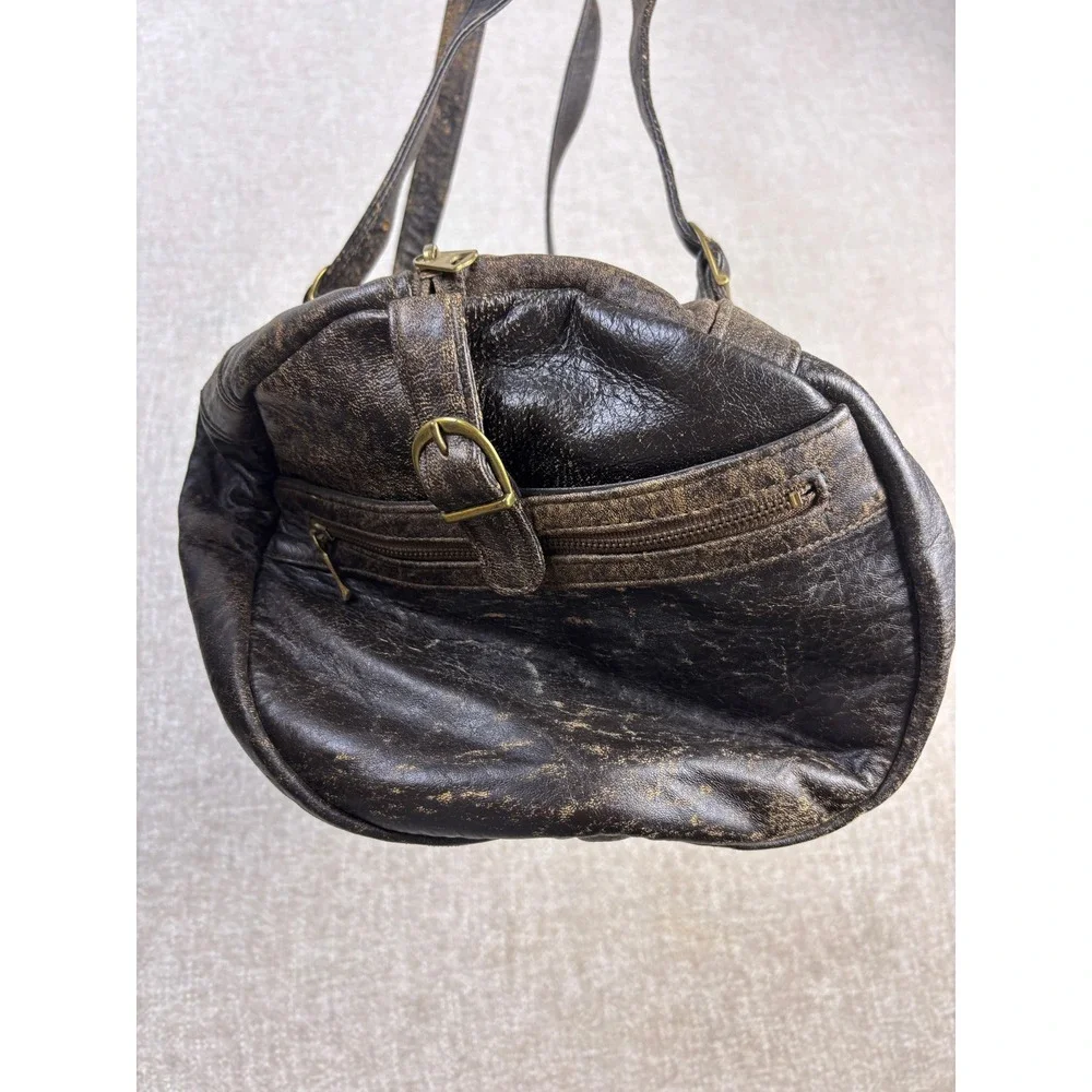 Vintage Meyers USA Distressed Brown Leather Barrel Shoulder Bag Satchel Brass
